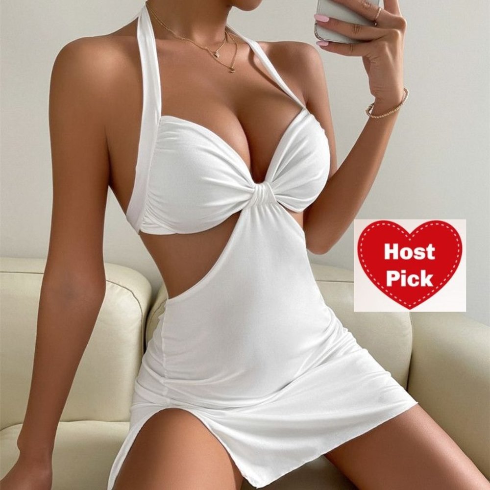 Backless Halter Neck Cut Out Dress Hollow Out Micro Mini White Cocktail Dress